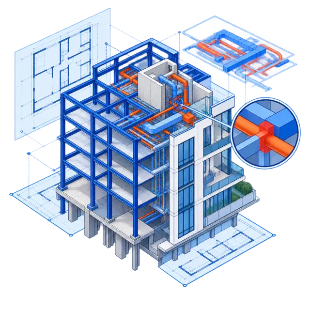 Modelo BIM coordenado com estrutura, arquitetura e instalações