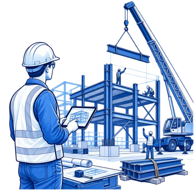 Engenheiro acompanhando a montagem de uma estrutura metálica em campo