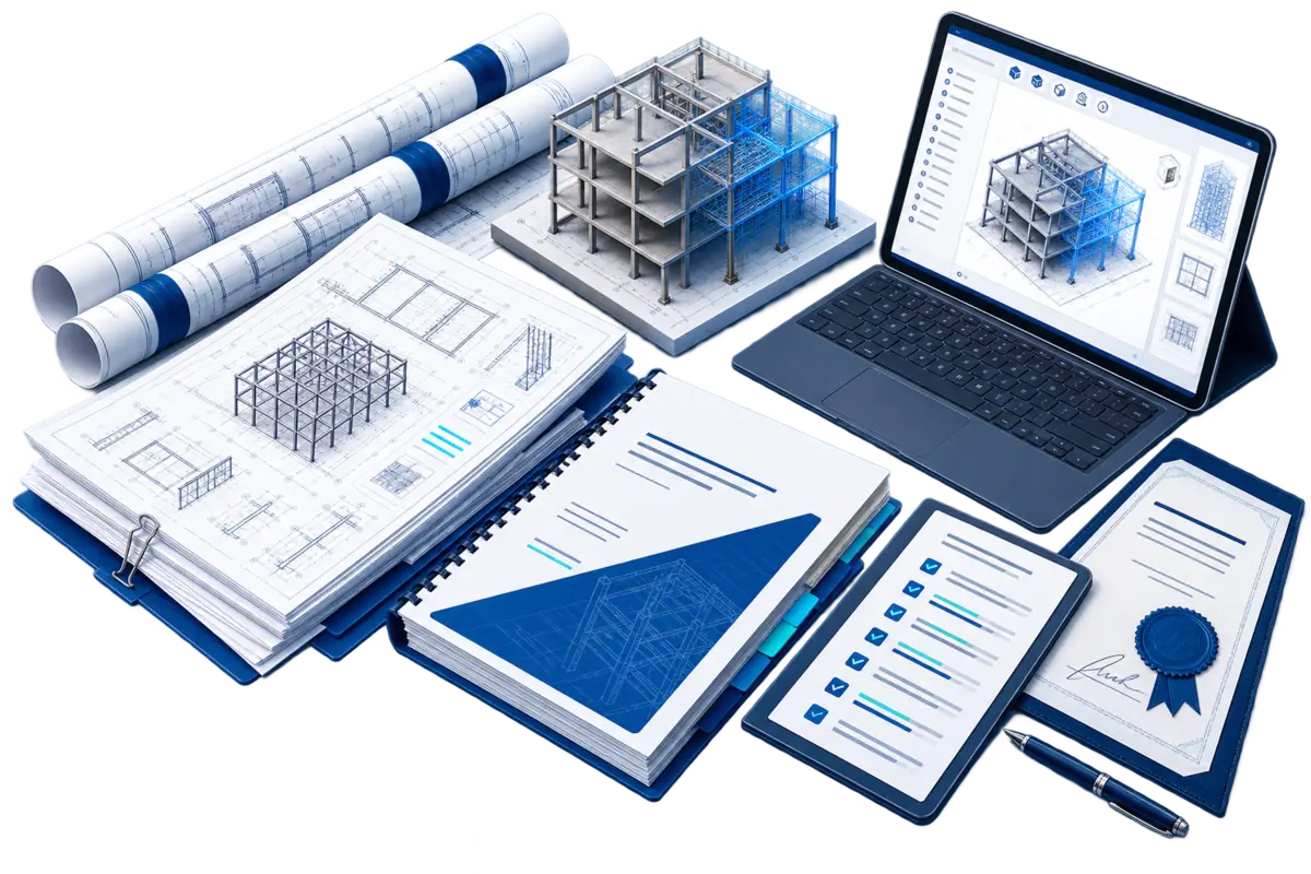 Pacote de entrega com pranchas, modelo BIM, memória de cálculo, quantitativos e documento de responsabilidade técnica