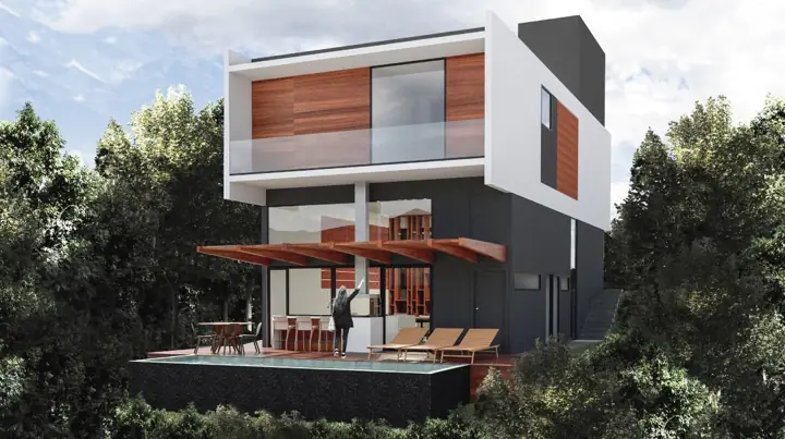 Projeto estrutural RJC: Residência com pavimento superior em balanço e piscina
