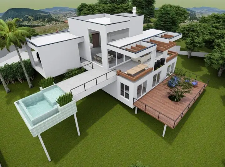 Projeto estrutural RJC: Residência em declive com piscina e deck sobre pilares