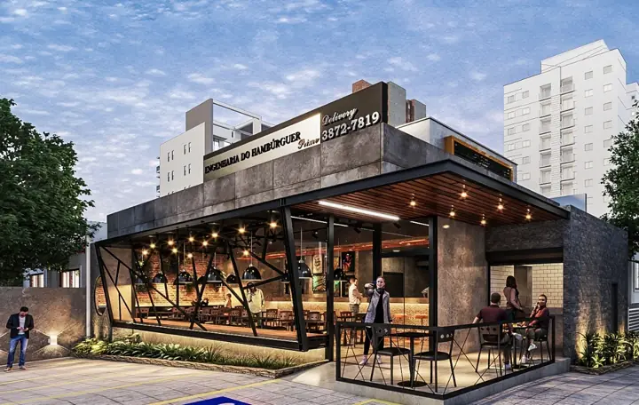 Projeto estrutural RJC: Hamburgueria com fachada em estrutura metálica aparente