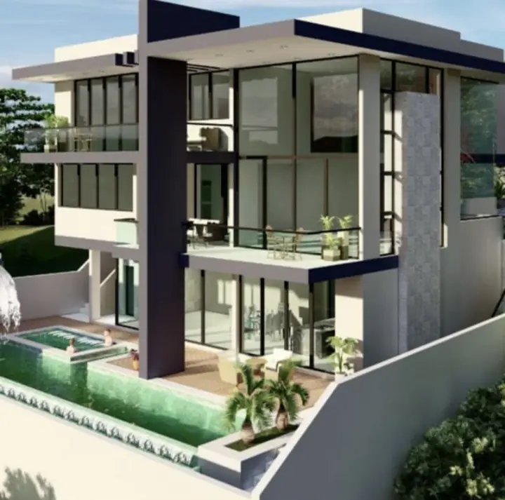 Projeto estrutural RJC: Residência de três pavimentos com piscina em desnível