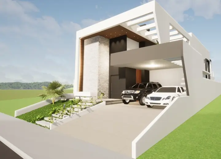 Projeto estrutural RJC: Residência em aclive com garagem e pórtico na fachada