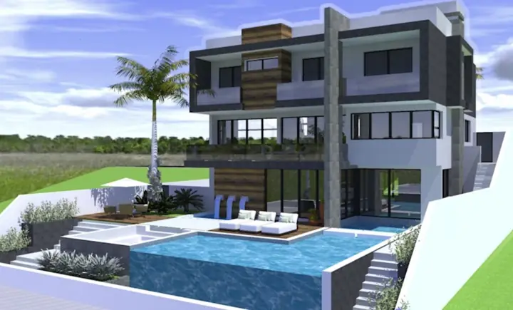 Projeto estrutural RJC: Residência com piscina de borda infinita em terreno inclinado