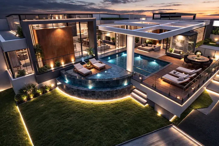 Projeto estrutural RJC: Área de lazer com piscina e deck elevado