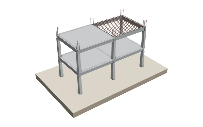 Ilustração 3D de estrutura em concreto armado com pilares, vigas, lajes e armadura da laje superior