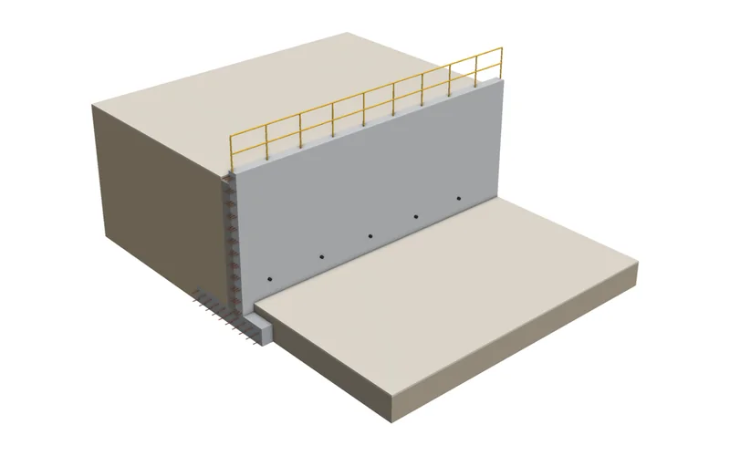 Ilustração 3D de muro de arrimo em concreto armado com aterro, dreno, barbacãs e guarda-corpo