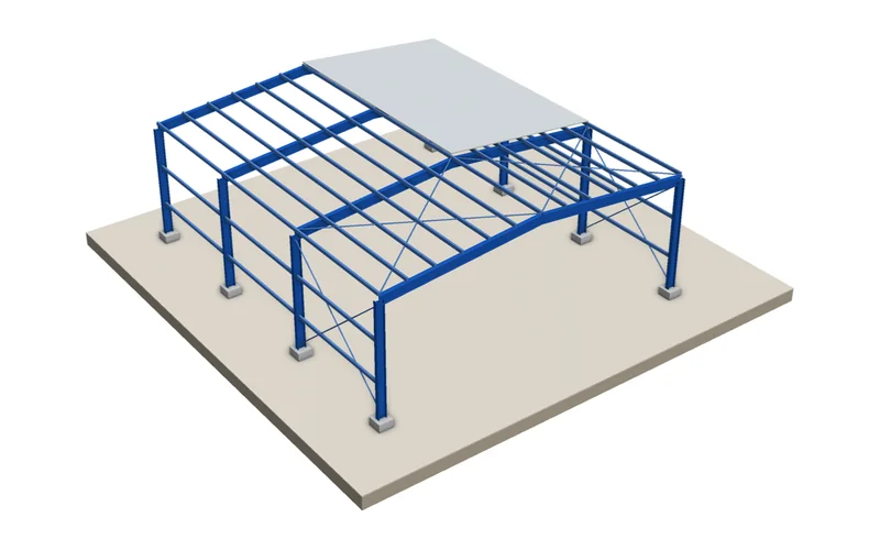 Ilustração 3D de galpão em estrutura metálica com pórticos, terças, contraventamentos e parte da cobertura