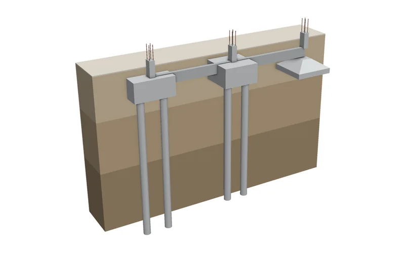 Ilustração 3D de blocos sobre estacas, sapata isolada e vigas baldrame diante de corte do terreno com camadas de solo