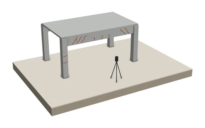 Ilustração 3D de pórtico de concreto com fissuras marcadas, selos de monitoramento e scanner em tripé
