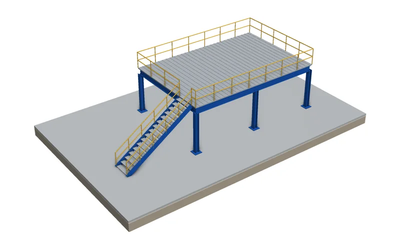 Ilustração 3D de mezanino metálico com pilares, vigas, piso, escada e guarda-corpo