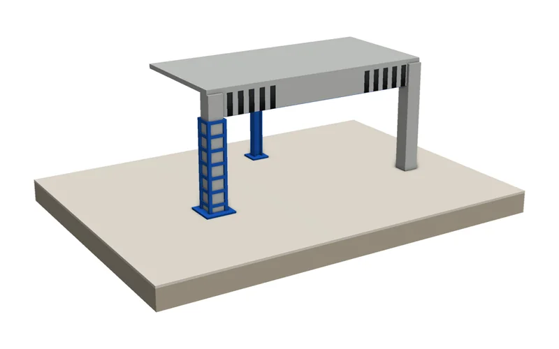 Ilustração 3D de reforço estrutural com encamisamento metálico de pilar, fibra de carbono na viga e novo perfil metálico
